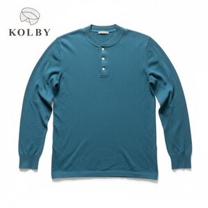 Kolby Roma Ms Teal Fine Italian Cotton Crepe Knitwear Turquoise Henley | Size XL